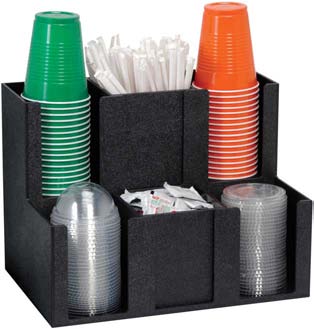 Six section cup, lid, condiment and straw organizer